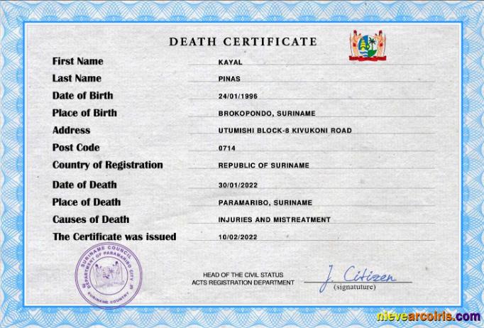 Suriname vital record death certificate